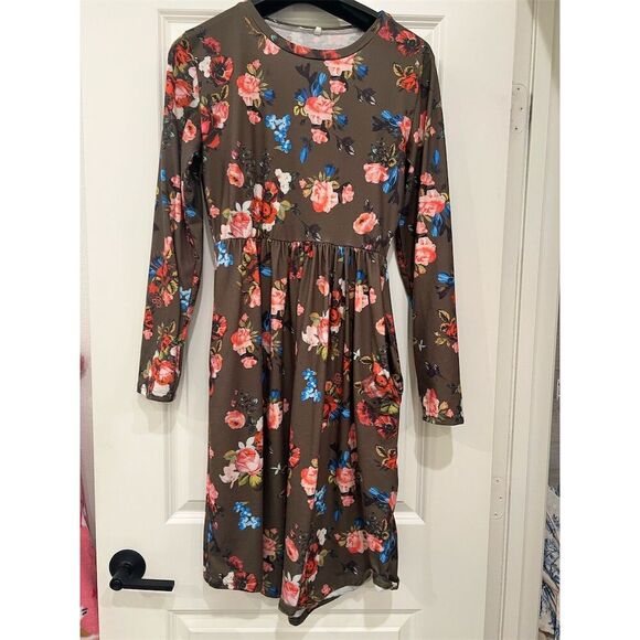 Unbranded Women's Floral Long Sleeve Midi Dress Green Size M - Picture 1 of 7